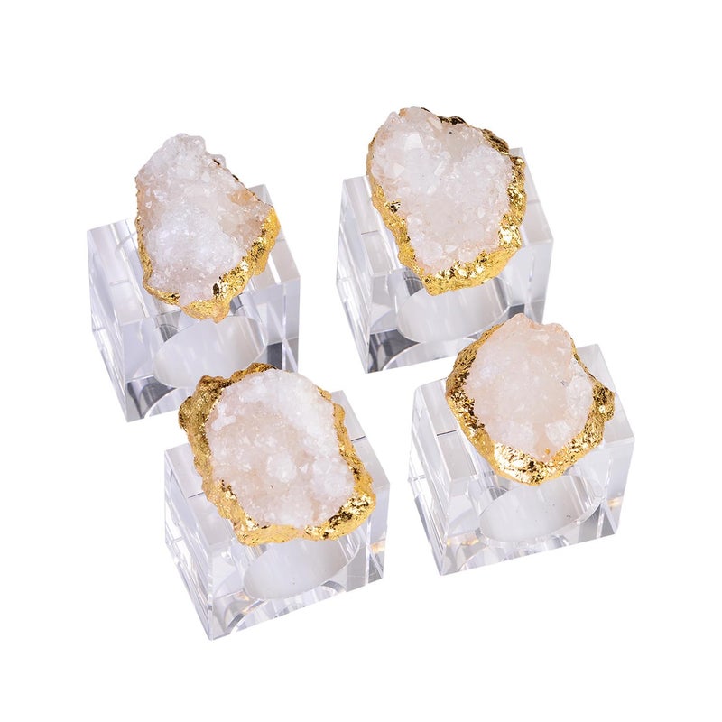 AMOYSTONE طقم حلقات مناديل كواتز أبيض مربع AMOYSTONE من 4 قطع، حامل مناديل كريستالي بقاعدة زجاجية، جيود غير منتظم بحواف ذهبية 2.5" - Image 2